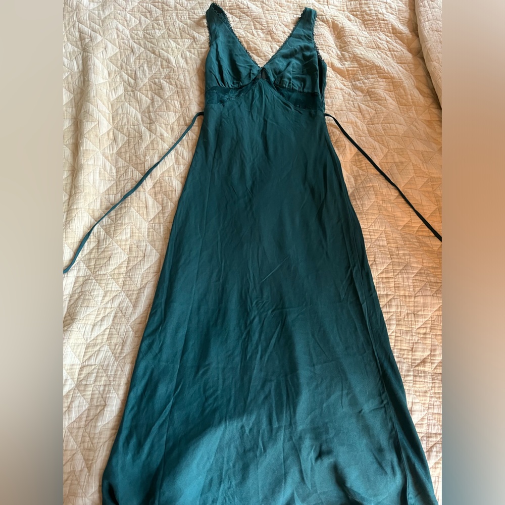 Jade Green Emerald Elegant Bias Slip Maxi Dress with Lace Details and Tie Back